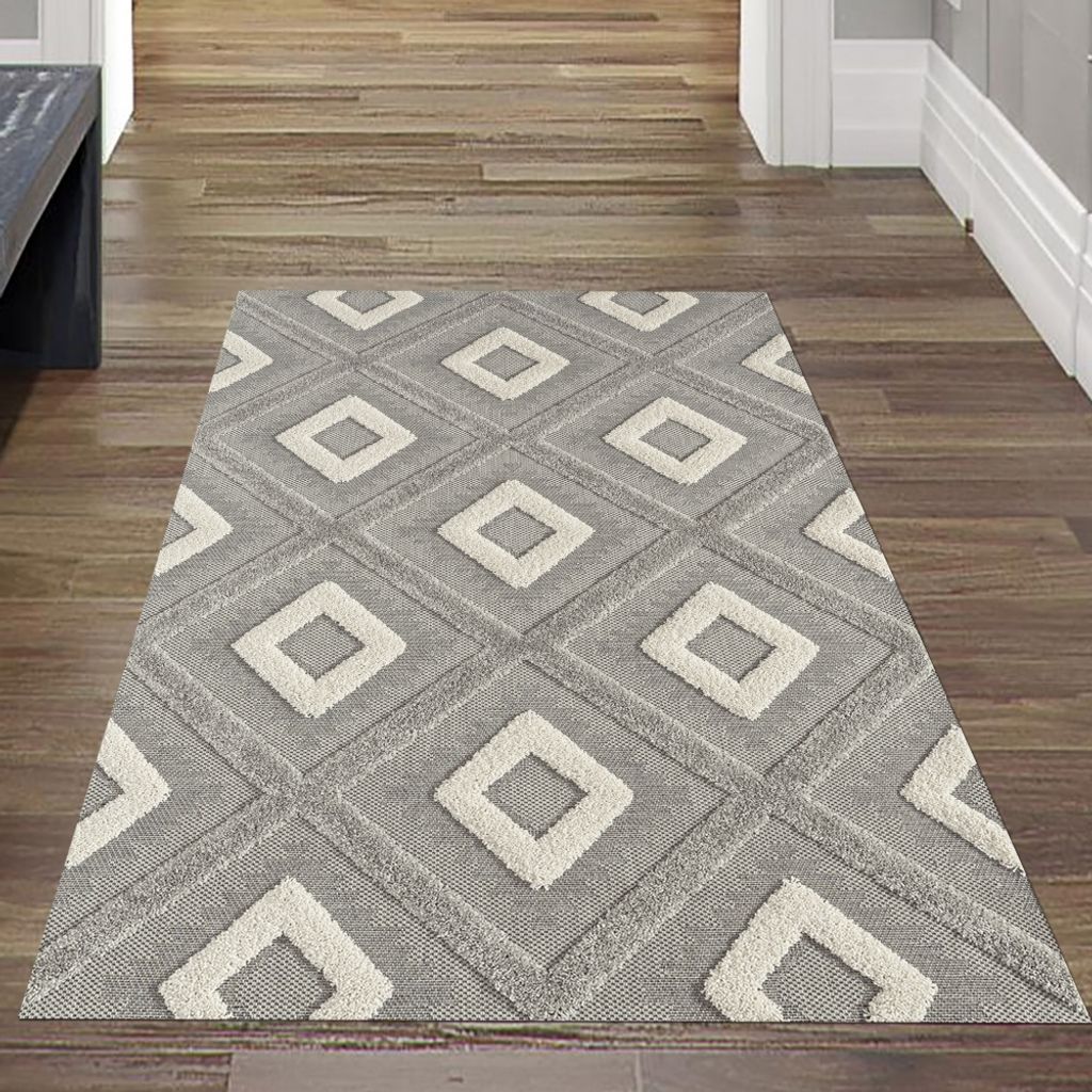 Moderner Wohnzimmerteppich Schlafzimmerteppich mit Rautenmuster in Grau und Beige – Hoch-Tief-Effekt Größe - 80 x 150 cm