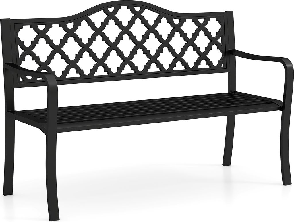 A black metal garden bench with a decorative backrest is shown against a white background.