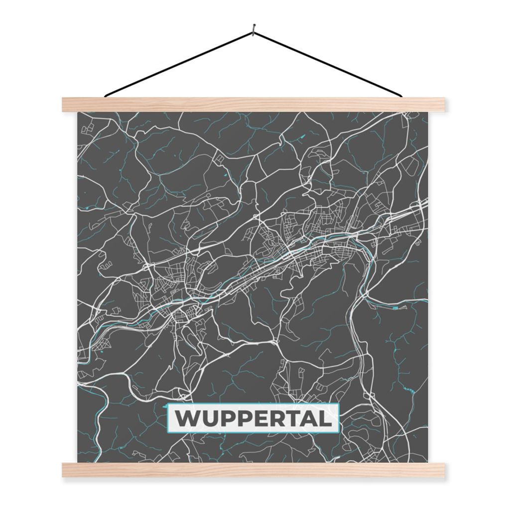 MuchoWow Textilposter Karte - Wuppertal - Blau - Stadtplan - Deutschland 40x40 cm mit holzfarbenen Rahmen - Posterleiste