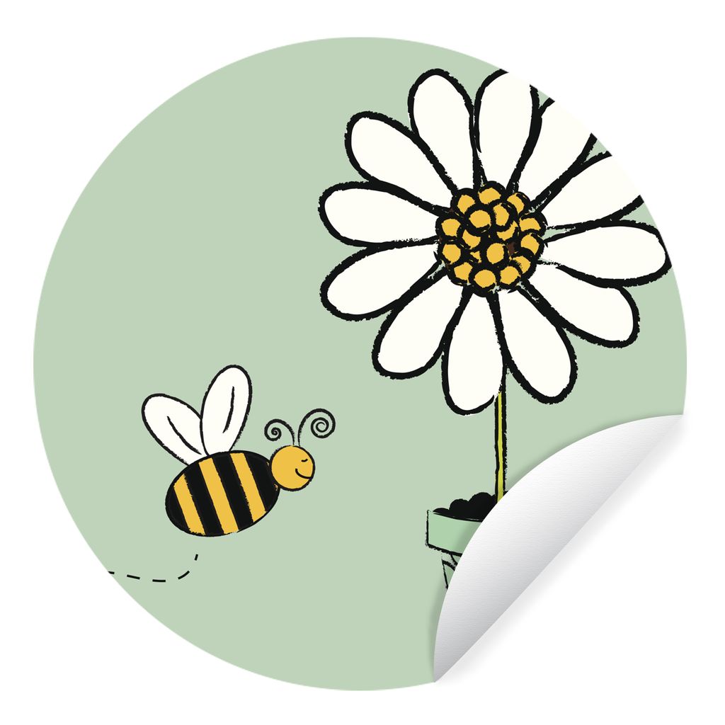 MuchoWow Runde Wandtattoo - Wandsticker Tapete Aufkleber Illustration einer Biene, die auf eine weiße Blume zufliegt Ø 30 cm Selbstklebend und ...