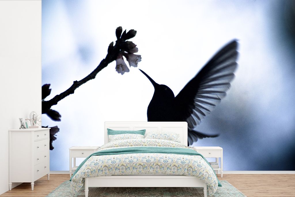 MuchoWow Fototapete für Wohnzimmer oder Schlafzimmer Wandtapete Vinyl Motivtapete Vogel - Kolibri - Scherenschnitt - 390x260 cm - Papiertapete
