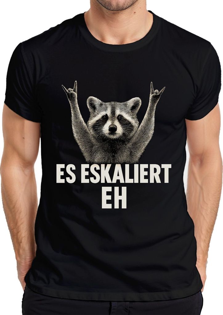 Es eskaliert eh Waschbär Rocker Party Humor Vintage Retro lustig Herren T-Shirt, Schwarz, L