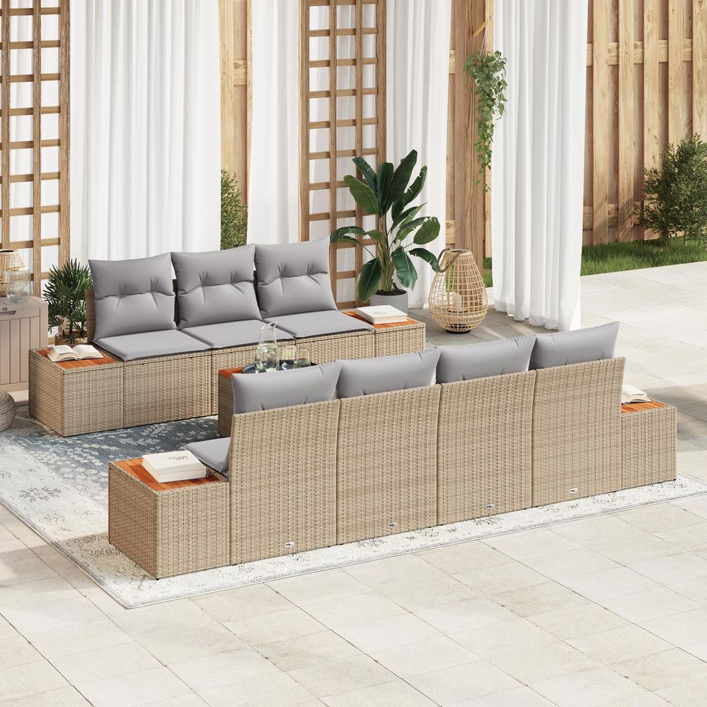 8-teiliges Garten-Sofa-Set mit Kissen Beige Poly Rattan Akazie, Design Gartensofas Neu