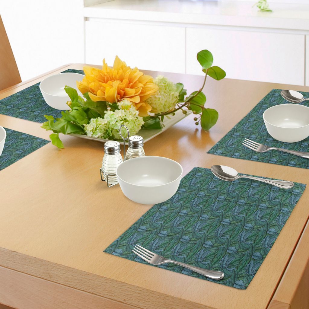 ABAKUHAUS Bananenblatt Platzmatten, Hand gezeichnetes Art-botanisches Muster-tropisches Laub in Grünem und in Blauem, Tiscjdeco aus Farbfesten Sto...