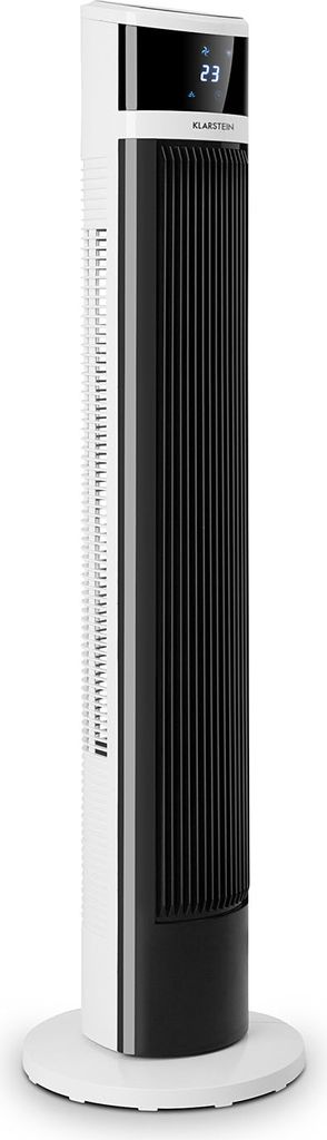 A white and black tower fan with a digital display.