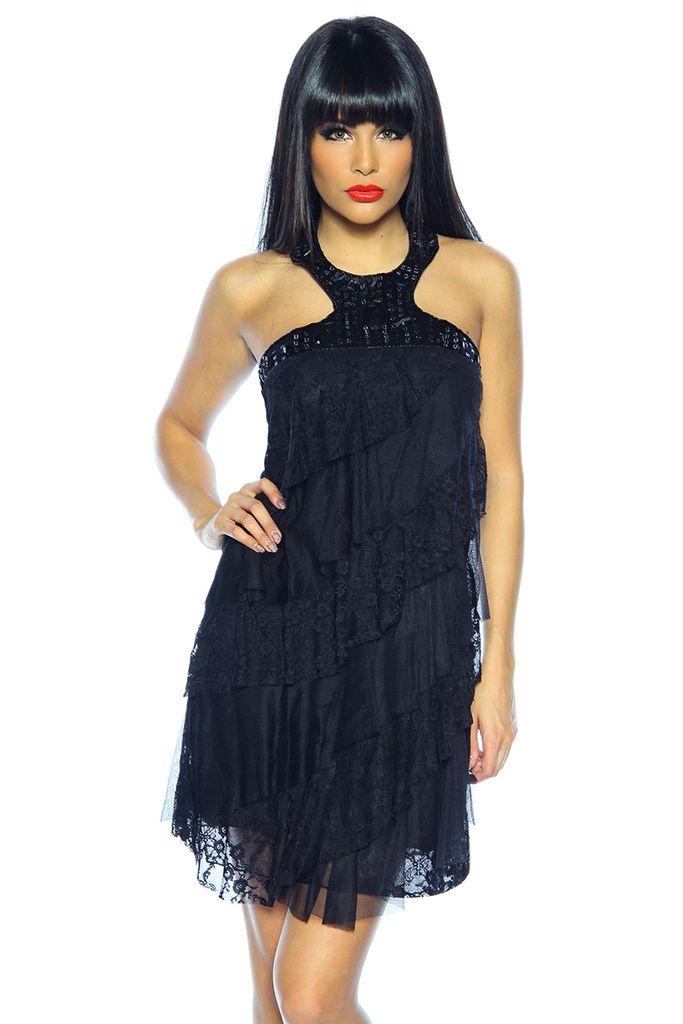 Neckholder-Kleid 13308 Minikleid aus Spitze Partykleid Clubkleid Cocktailkleid Abendkleid, schwarz, Gr. S=34/36