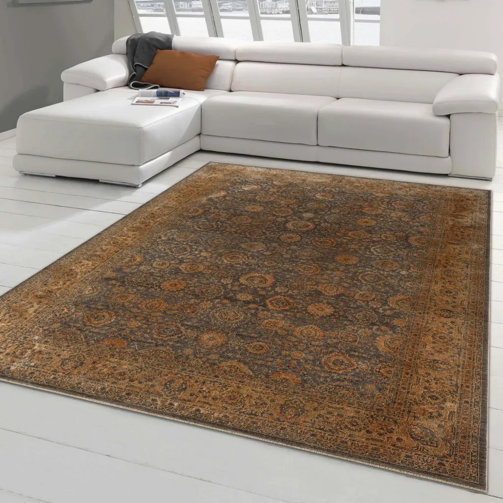 Grand tapis de salon style persan floral bleu cuivré 200x290 cm de luxe