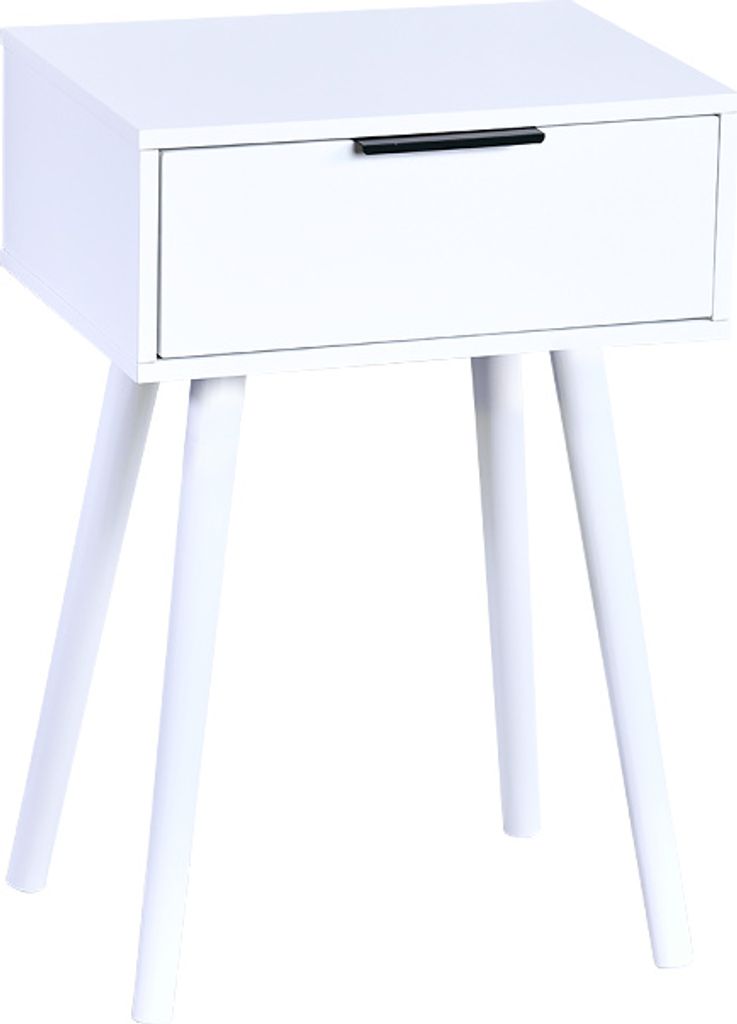 A white bedside table with a single drawer and black handle, supported by four angled legs.