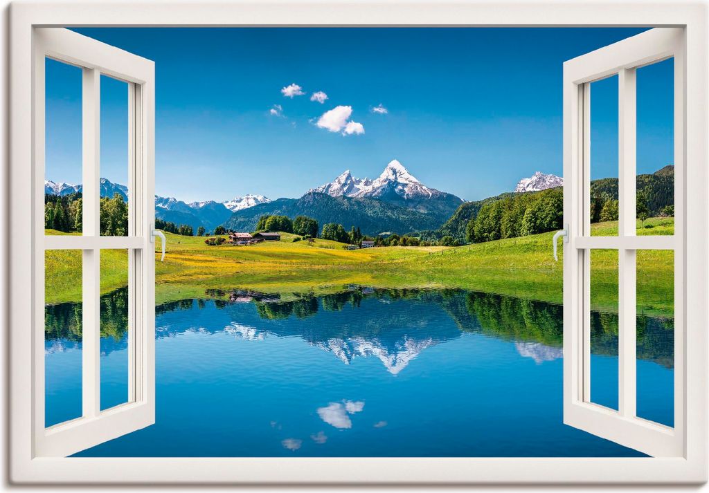 ARTland Leinwandbild Fensterblick Alpen und Bergsee Größe: 100x70 cm