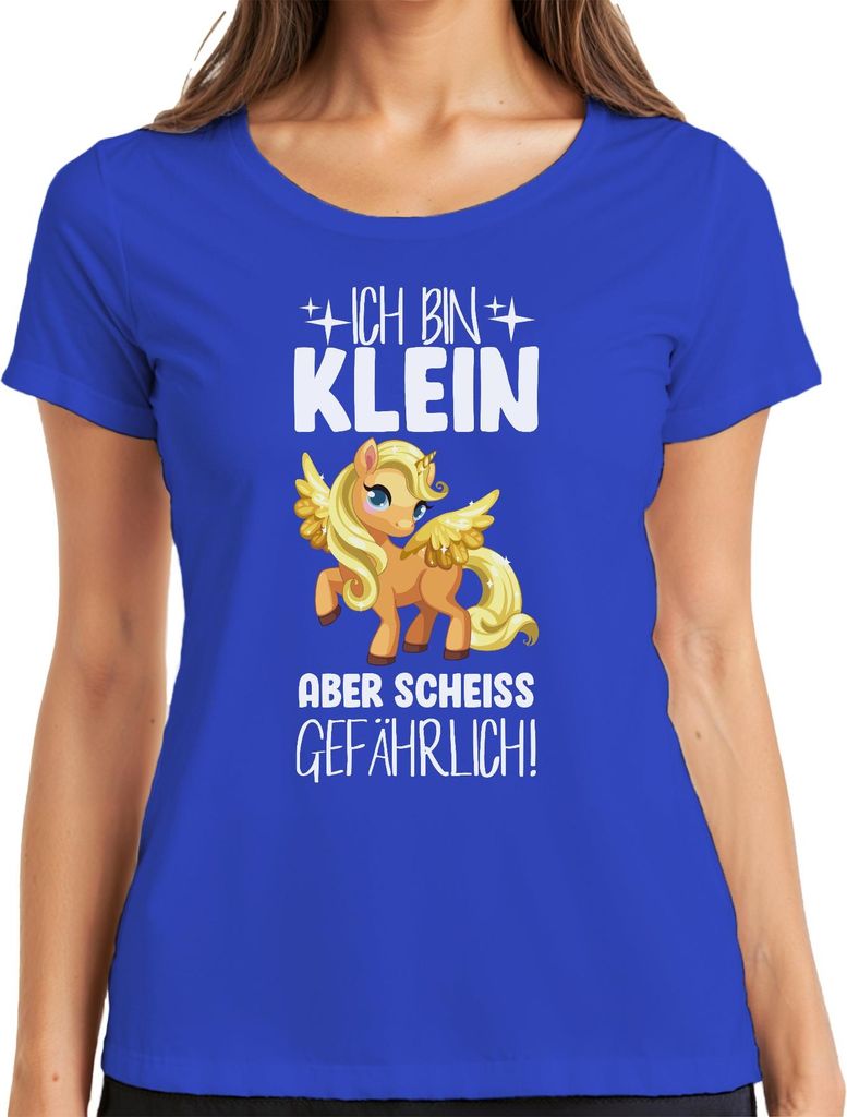 Ich bin klein aber gefährlich! Einhorn Fantasy Mädchen Humor Damen T-Shirt, Blau, L