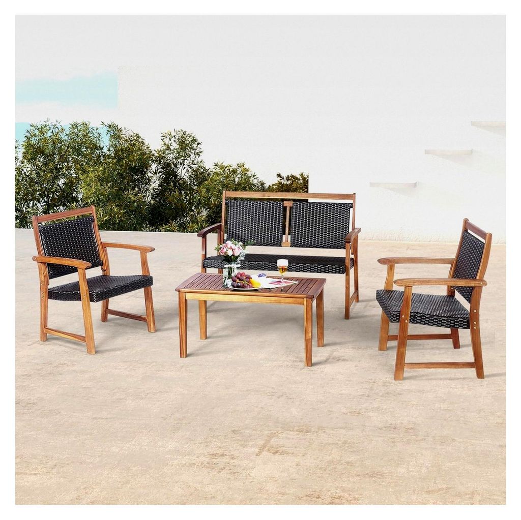 Gartenlounge Möbelset für 4 Personen, Rattan Gartenmöbel Set mit Sitzkissen, Balkonmöbel für kleine Balkone, Sitzgarnitur für die Terrasse