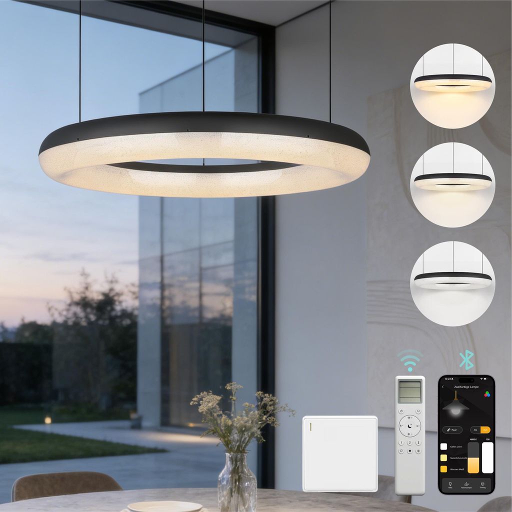Mai & Mai Pendelleuchte Esstisch, 40cm LED Hängelampe, stufenlos dimmbar höhenverstellbare 30W Esstischlampe mit Fernbedienung Sandschwarz Luvina03