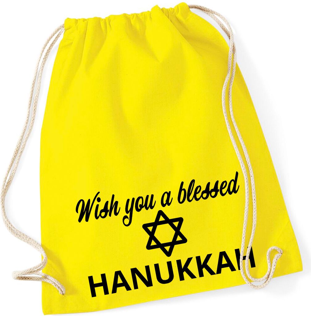 Huuraa Turnbeutel Wish blessed Hanukka Schriftzug 12 Liter Yellow Baumwolle Rucksack Geschenkidee