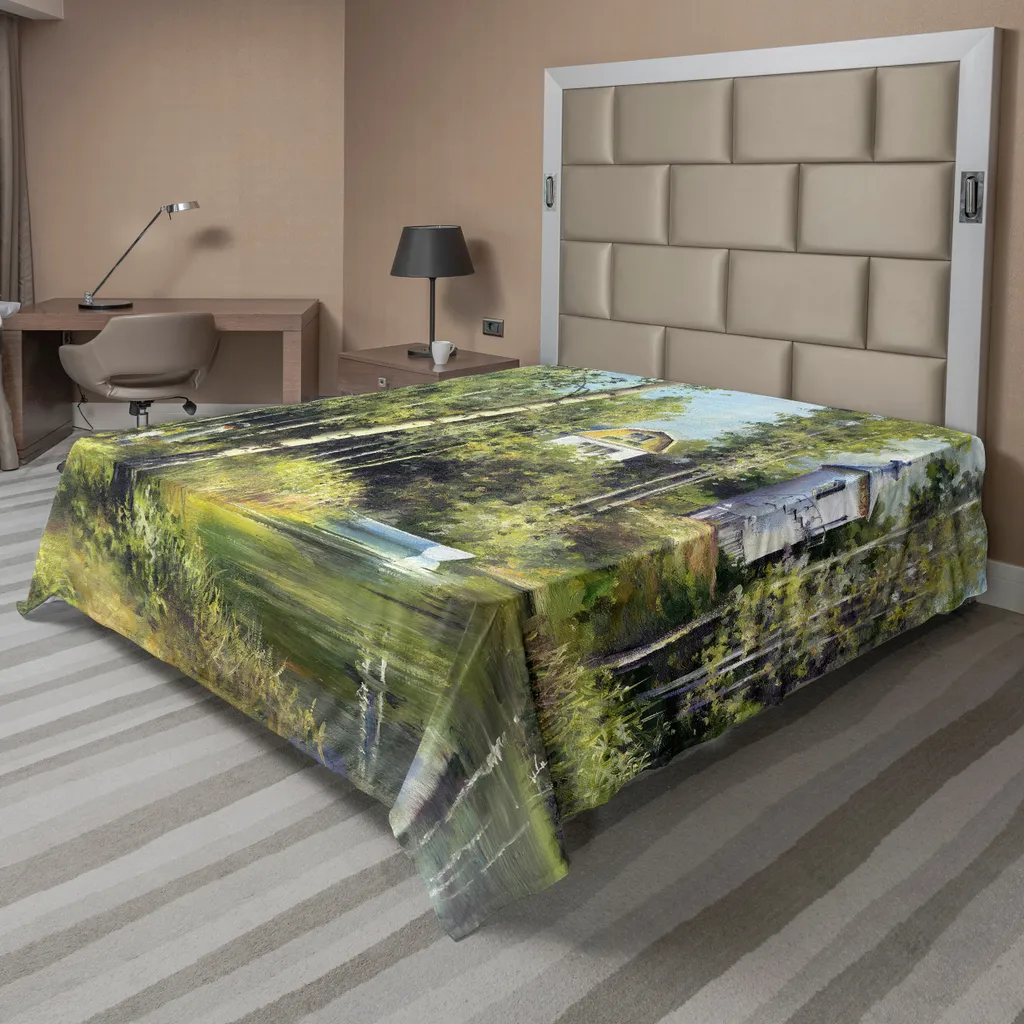 Drap plat anti-plis Doux Motif Paysage Maison et Lac Vert 244 x 205 cm