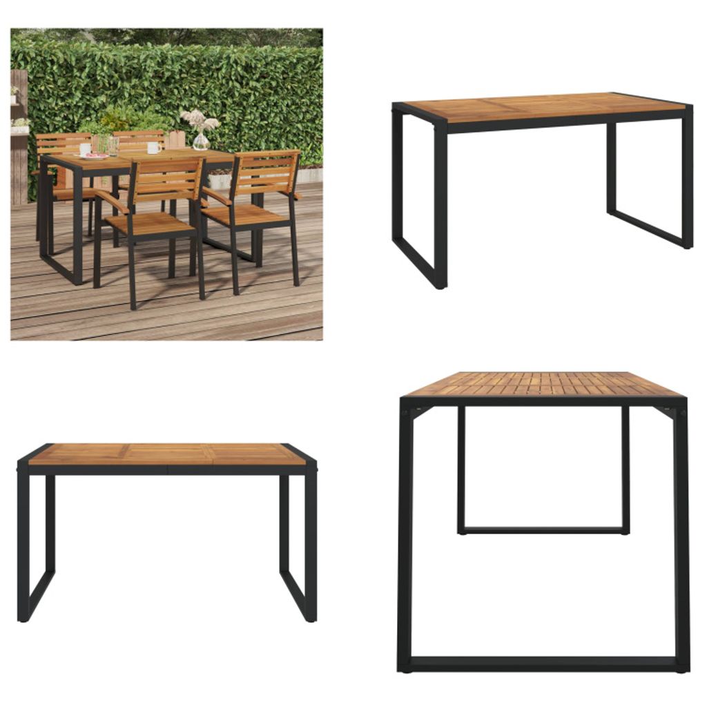 A collage of images showing a wooden garden table with black metal legs, presented in different angles and settings.
