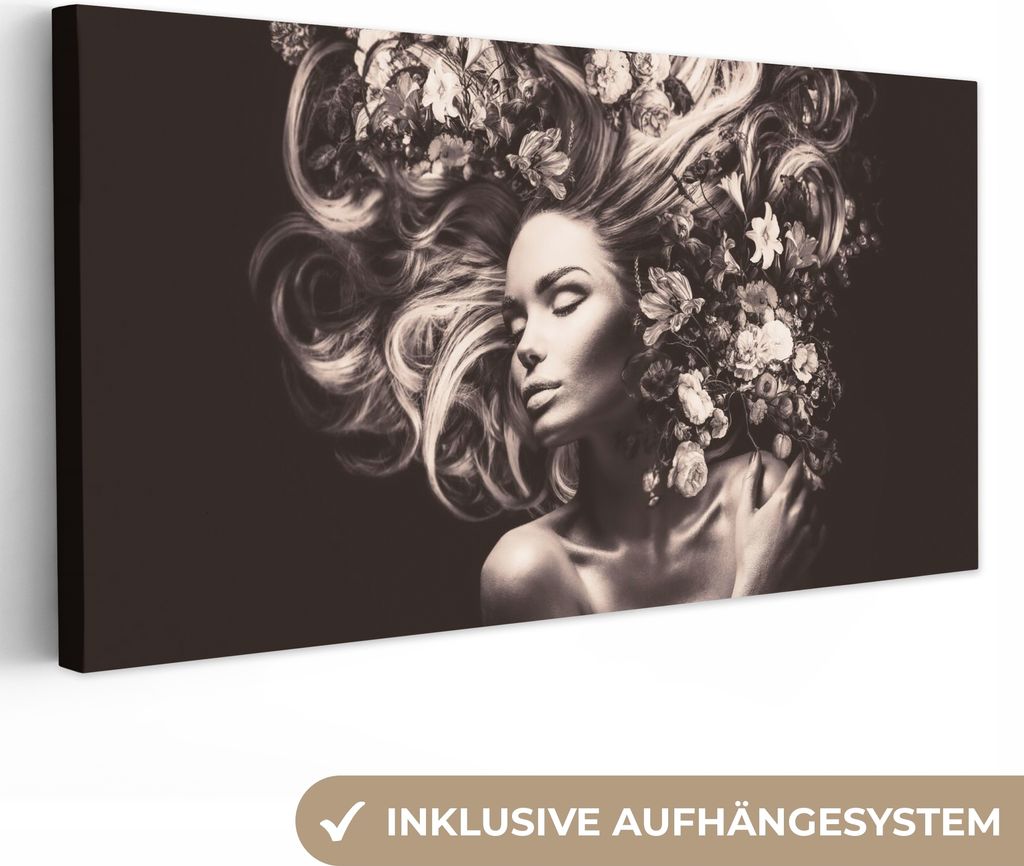 MuchoWow - Leinwandbilder - Blumen - Frau - Natur, Wandbild, Wanddeko Bilder Wohnzimmer, 80x40 cm