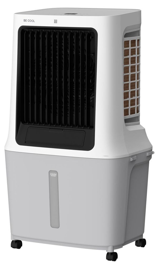 A white and gray air cooler is displayed against a white background.