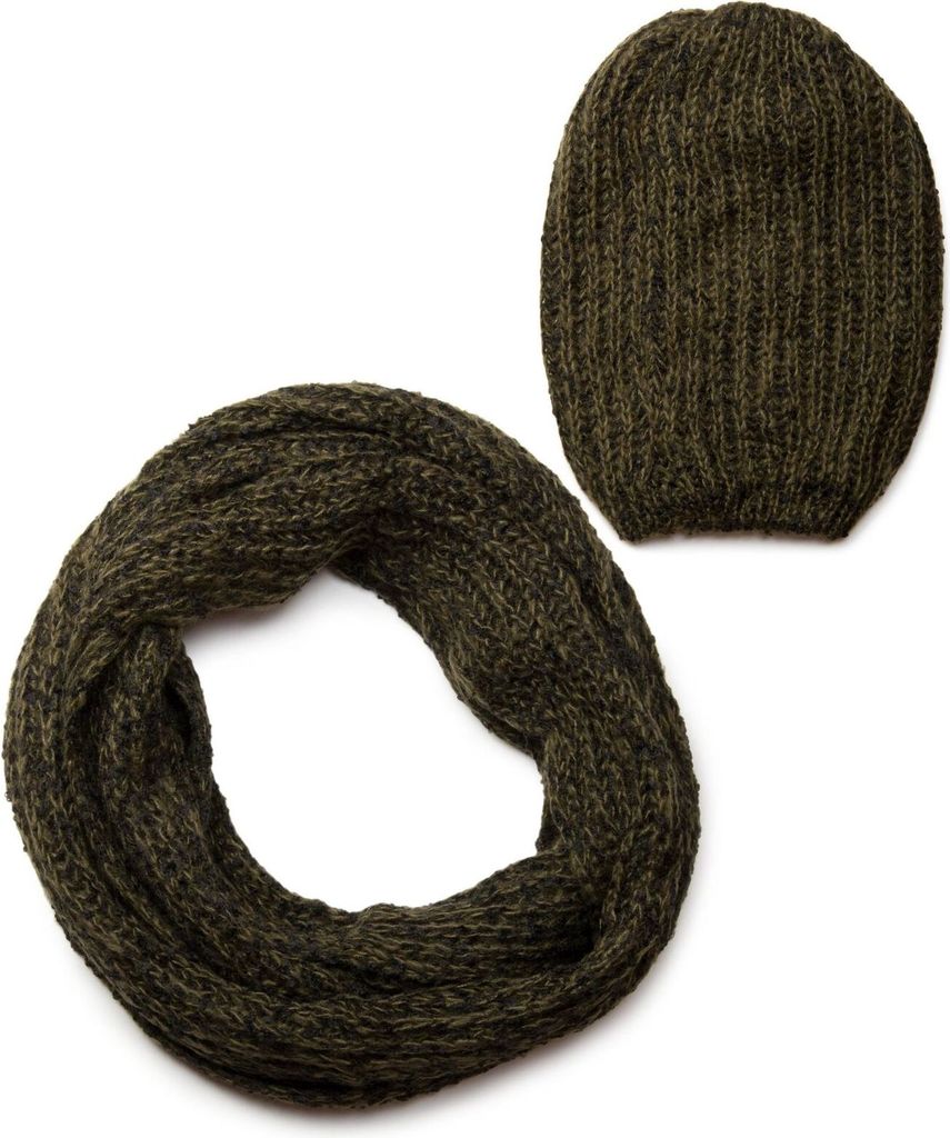 styleBREAKER Schal und Mütze Kombi Set, marmorierter Grobstrick Loop Schlauchschal mit Strick Beanie Mütze 01018206