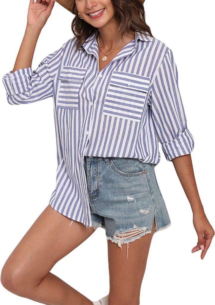 ASKSA Damen Bluse Langarm Streifen Knöpfen Hemd Oberteile Baumwolle Leinen V-Ausschnitt Casual Lose Shirts, Dunkelblau, M