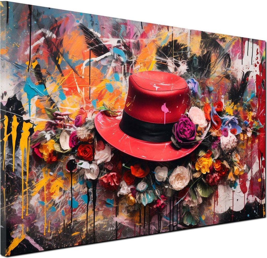 Hut mit Blumen Colour Wandbild Leinwandbild Kunstdruck XL Deko: 60x40x2cm