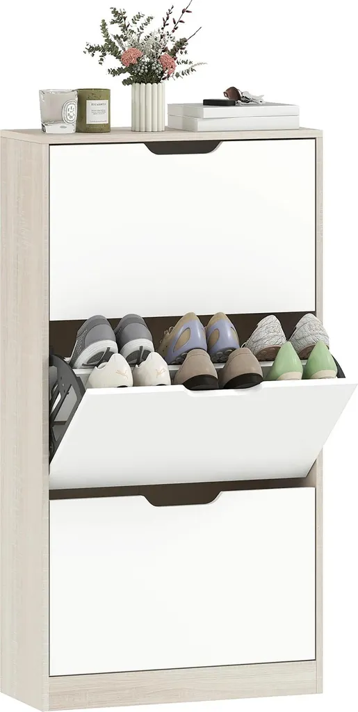 Meuble rangement chaussures 18 paires - Entrée étroite Chêne & Blanc
