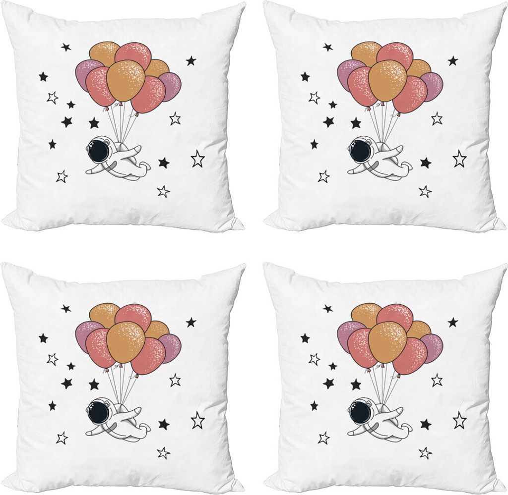 ABAKUHAUS Astronaut Kissenbezug Set (4 Stück), Astronaut mit Ballonen, Moderner Doppelseitiger Digitaldruck, 60 cm x 60 cm, Mehrfarbig