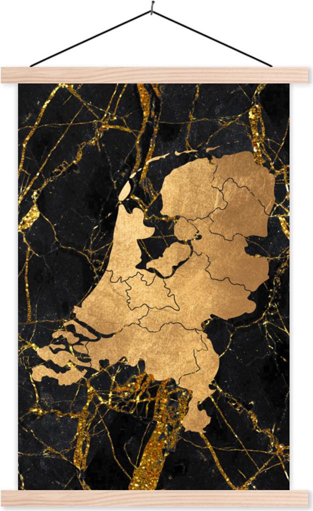 MuchoWow Textilposter Karte - Niederlande - Gold 60x90 cm mit holzfarbenen Rahmen - Textil