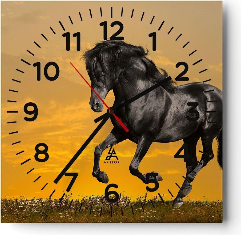 Wanduhr - Quadrat - Glasuhr - Tiere Pferd Laufen Wiese - 30x30cm - Schleichendes Uhrwerk - Lautlos - zum Aufhängen bereit - Dekoration Modern - Wa...