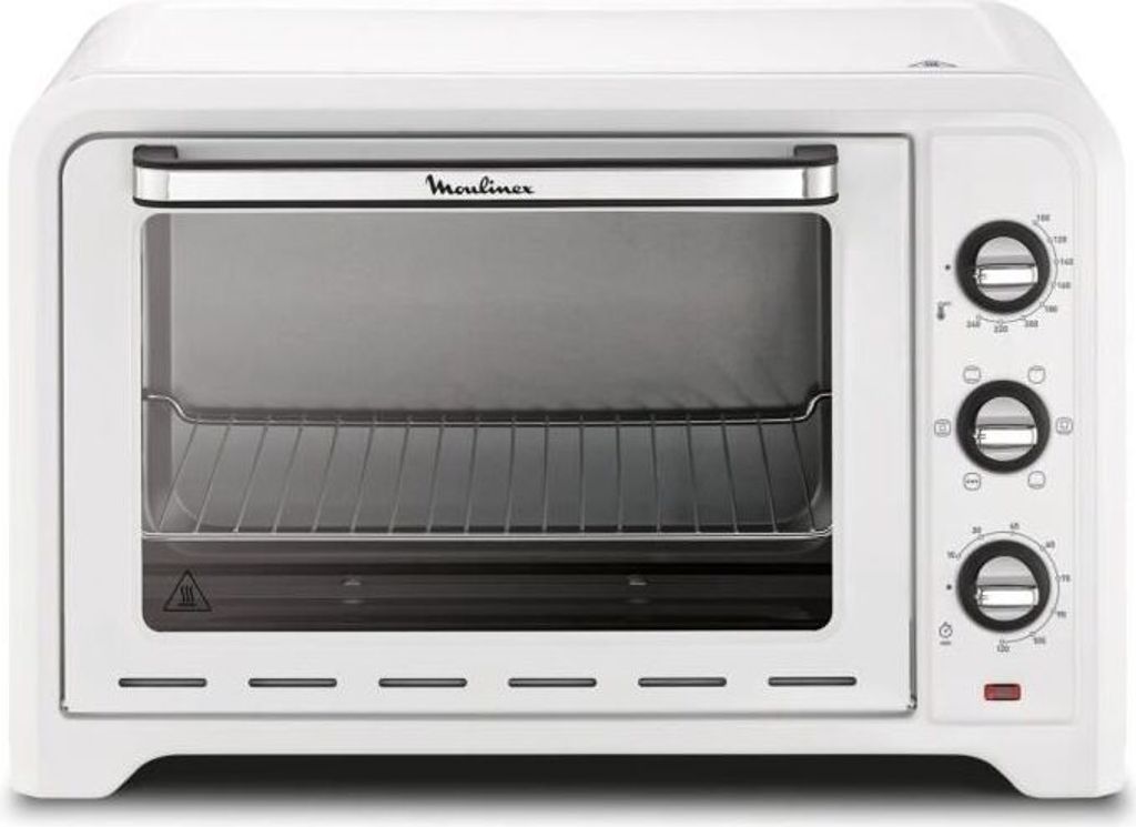A white countertop oven is shown from the front.