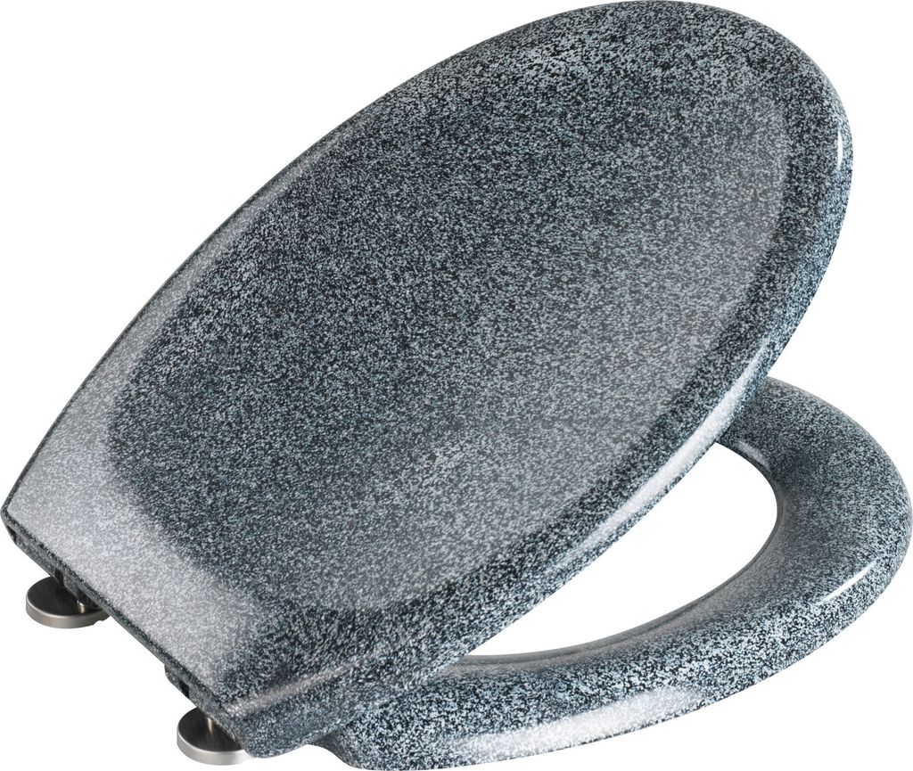 A toilet seat with a speckled granite-like pattern.