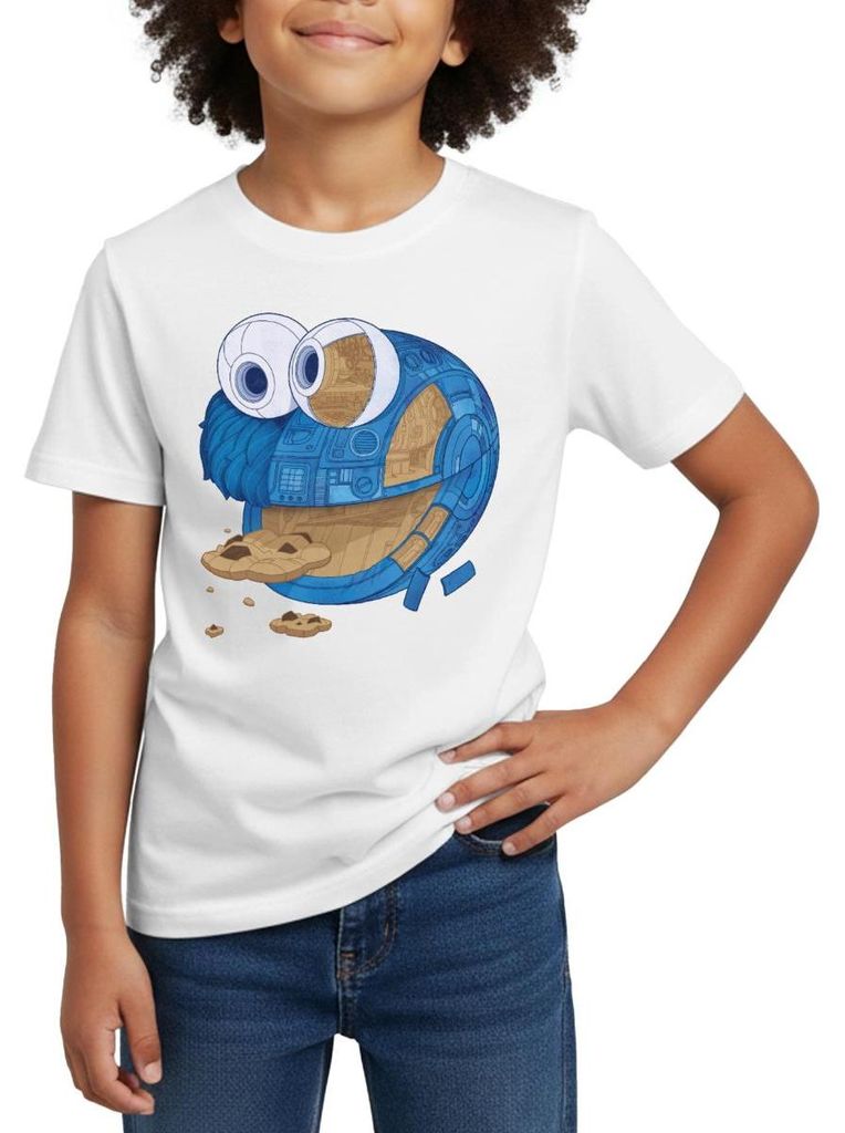 Spreadshirt Sesamstraße Krümelmonster Maschine Kinder T-Shirt, 98/104 (3-4 Jahre), Weiß
