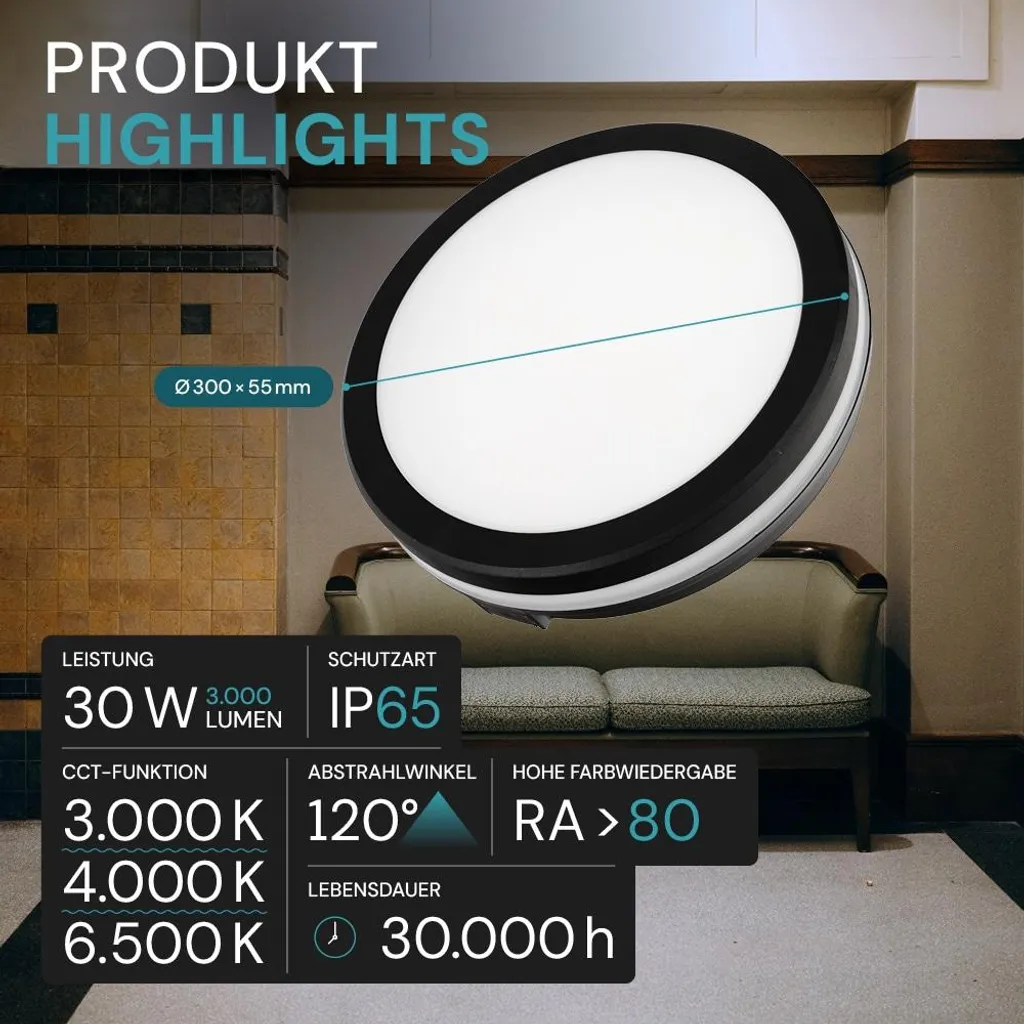 Plafonnier LED CCT Variable 30W IP65 Haute Luminosité Noir et Blanc - 9