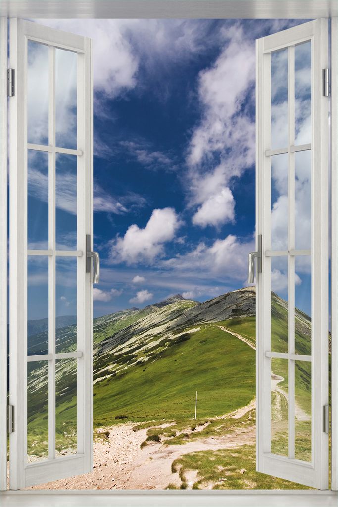 Wallario Wandbild aus Acryl, 60 x 90 cm, freischwebende Optik - Alpenluft mit Fenster-Illusion