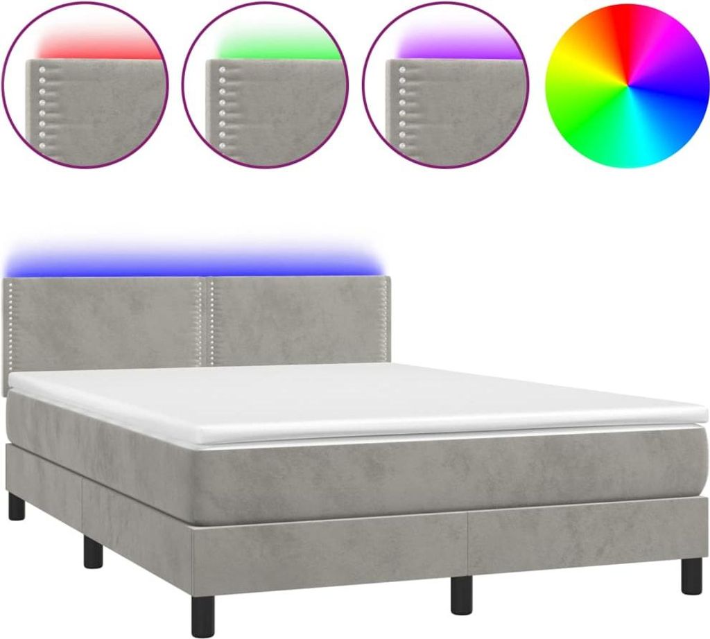 vidaXL Boxspringbett mit Matratze & LED Hellgrau 140x200 cm Samt