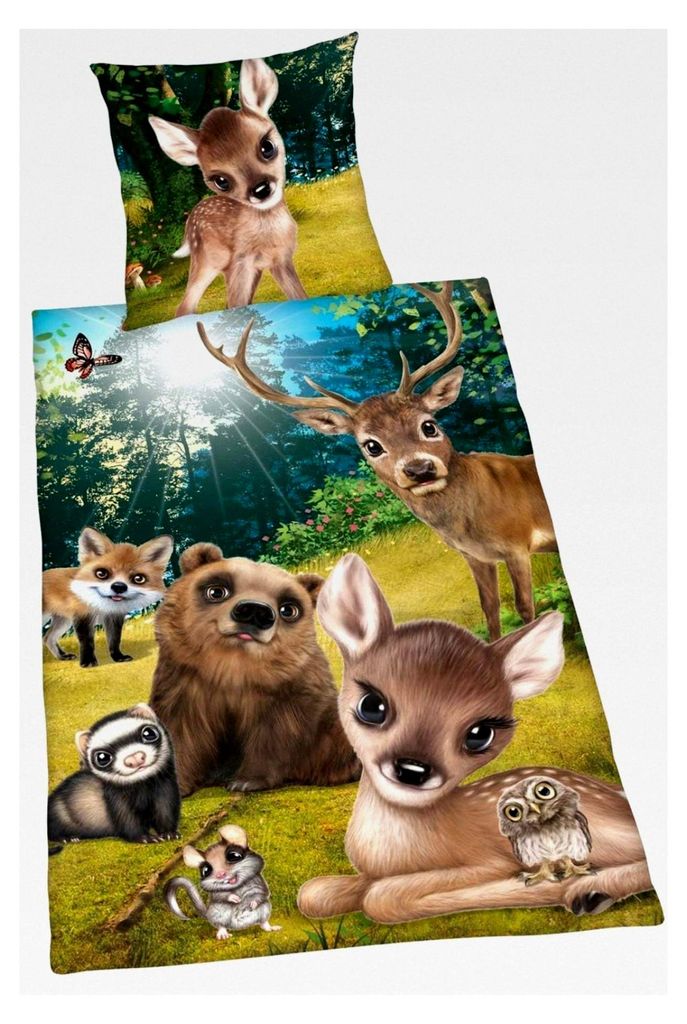 Bettwäsche glatt Forrest Bambi Reh Bär Hirsch Maus Eule Dachs Fuchs Waldtiere 135 x 200