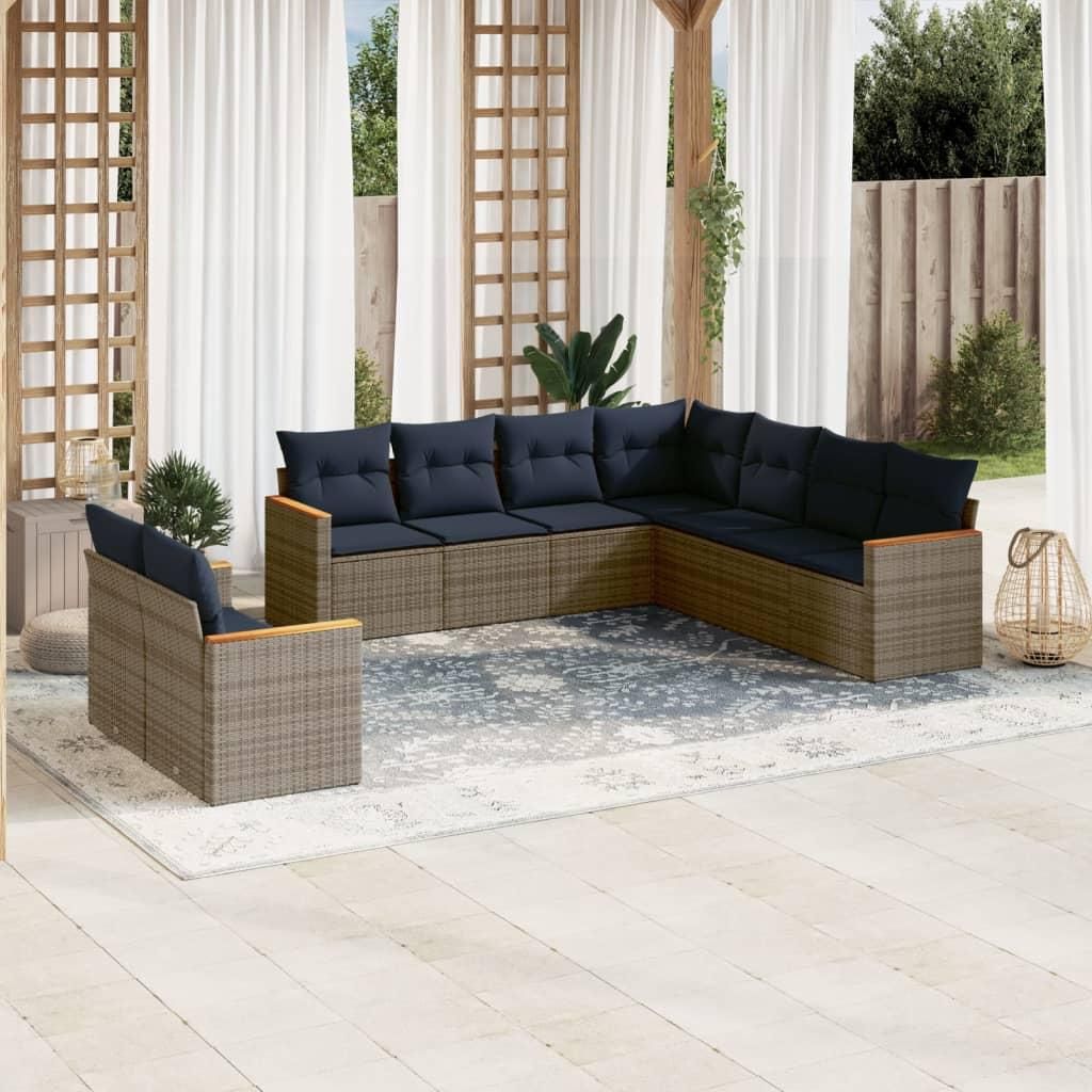 Maison Exclusive - 9-teiliges Gartensofa-Set mit Kissen, grau, Polyrattan