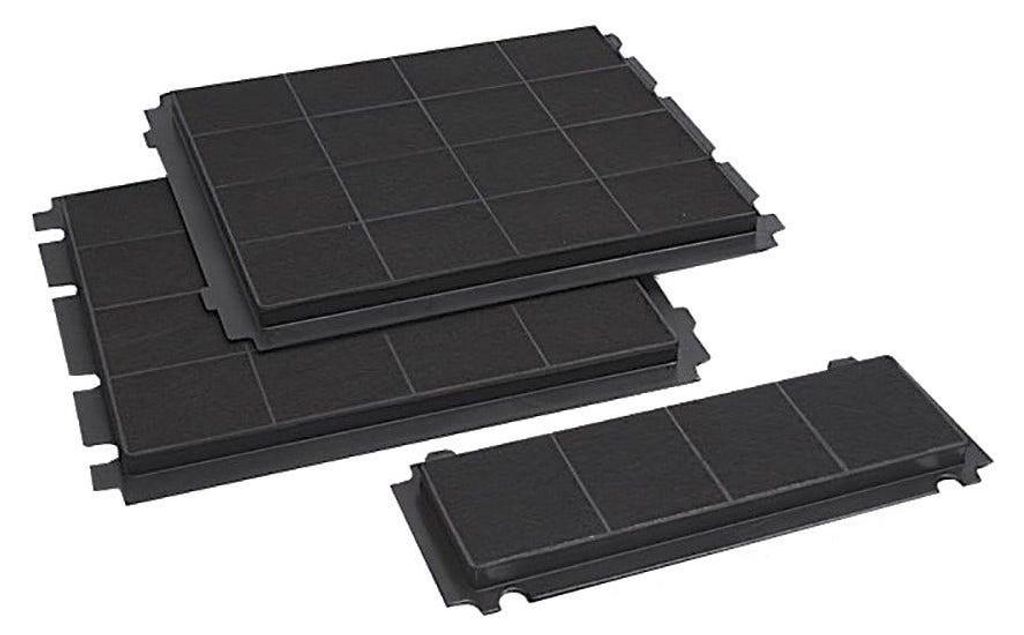A set of black charcoal filters for a range hood, arranged in a group on a white background.
