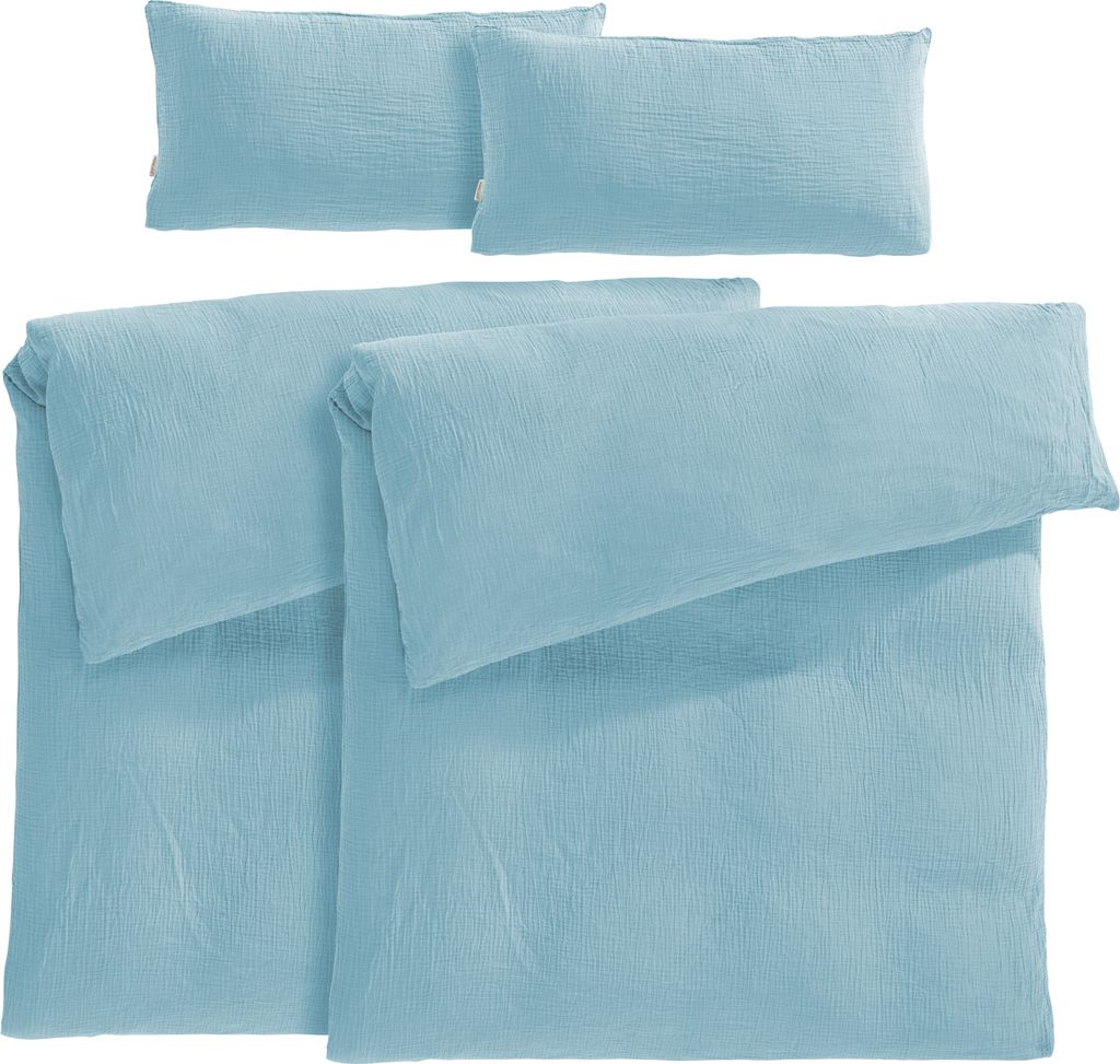 Pure Label Musselin Bettwäsche 155x220 4 teilig bestehend aus Bettbezug 155 x 220 cm 2er Set + Kissenbezug 40x80 cm 2er Set aus Baumwolle in blau