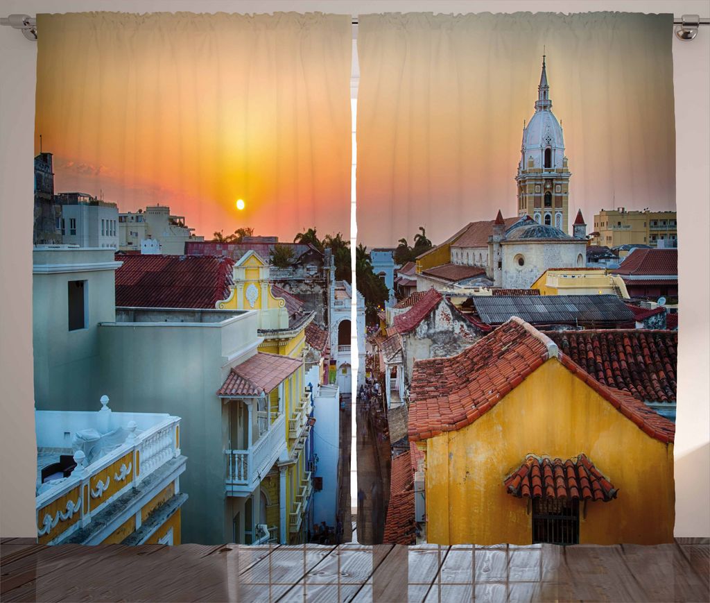 ABAKUHAUS Sonnenuntergang Rustikaler Vorhang, Dachspitzen alte Stadtküste, Wohnzimmer Universalband Gardinen mit Schlaufen und Haken, 280 x 225 cm...
