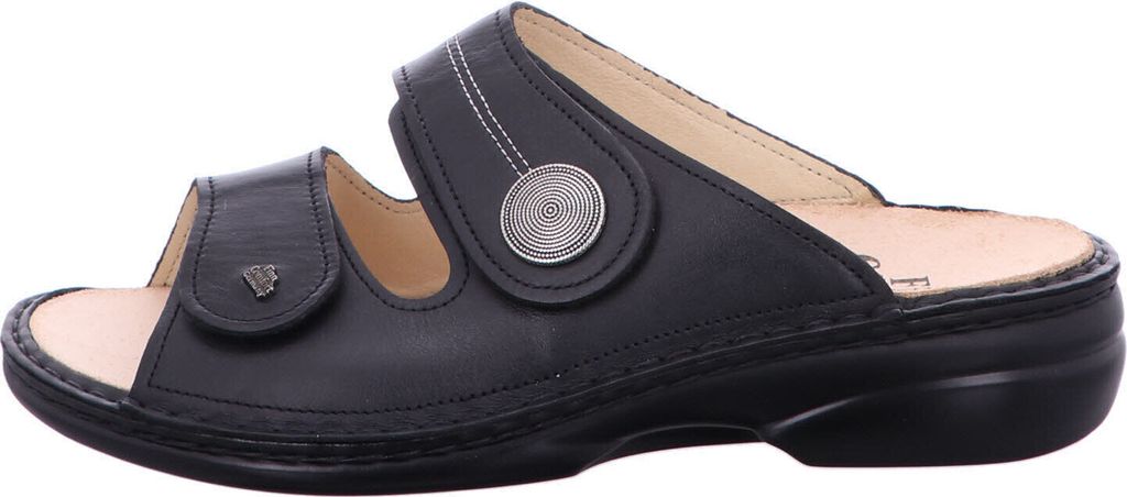 A side view of a black sandal on a white background.