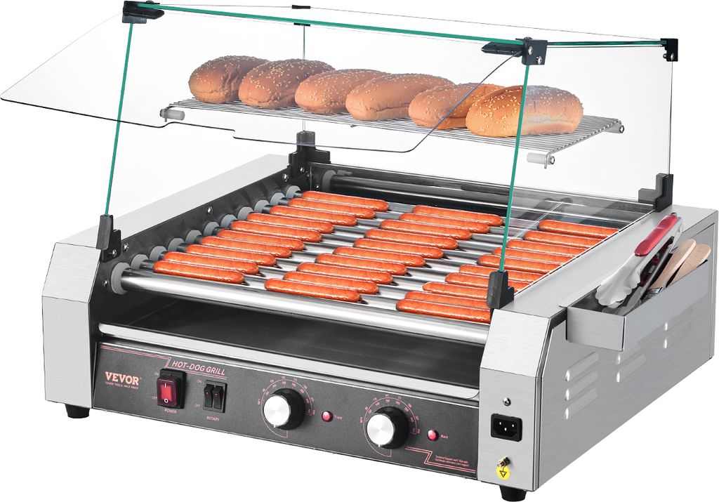 VEVOR Hot Dog Grill Maschine Hot dogs 11 Rollen Edelstahl, 2200 W, Elektrogrill mit Abdeckung & 2 Temperaturregler & seitlicher Aufbewahrungsbox