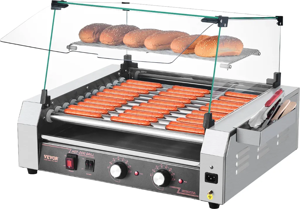 Machine à Hot-Dogs VEVOR 11 Rouleaux Inox 2200W avec Couvercle Verre