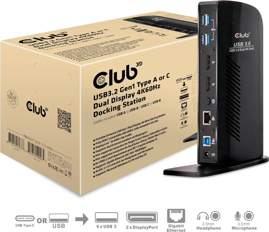 Docking Station 4K 60Hz avec 6 USB et Double DisplayPort pour Windows Mac