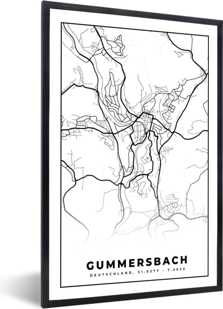 MuchoWow Gerahmtes Poster Stadtplan - Gummersbach - Karte 40x60 cm - Poster mit Schwarzem Bilderrahmen Wandposter Rahmen Foto Bilder - Papierdruc...