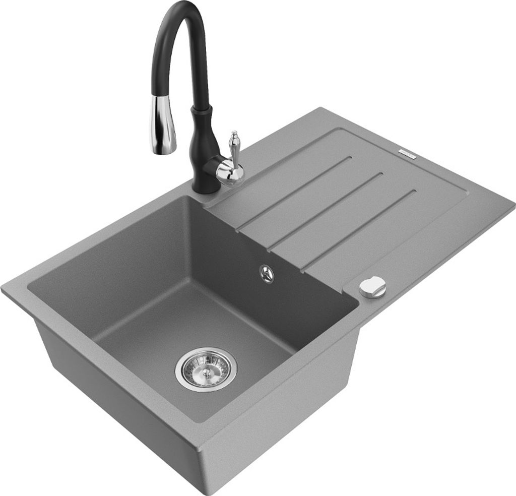 Mexen Bruno 1 Becken-Granitspüle mit Abtropffläche und Mischbatterie Savita, Grau - 6513-71-672601-70