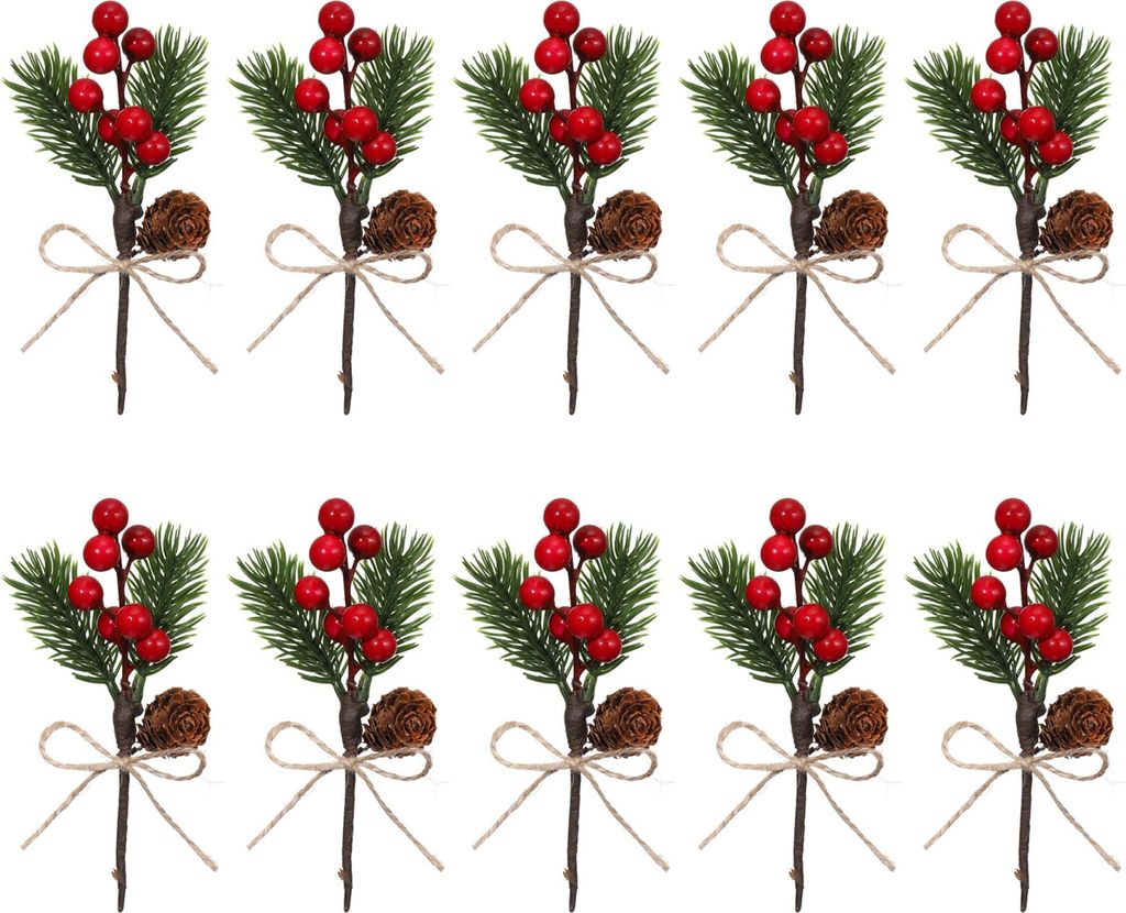 10 künstliche Kiefernzweige mit roten Beeren und Mini-Kiefernzapfen zum Verpacken, Basteln, für Weihnachtskränze und Weihnachtsbaumdekoration