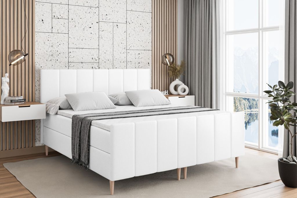 ALTDECOR Boxspringbett mit Holz Füßen, Matratze und Lattenrost, Topper, Fußteil, Polsterbett mit Bettkasten, Bett mit Stauraum H4-Matratze, Dopp...