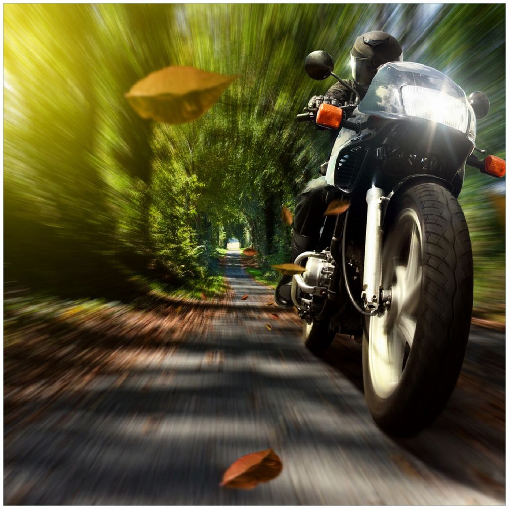 Wallario Premium Glasbild, freischwebende Optik, kräftige Farben, Größe 30 x 30 cm Motiv Fahrendes Motorrad im Wald mit Herbstlaub