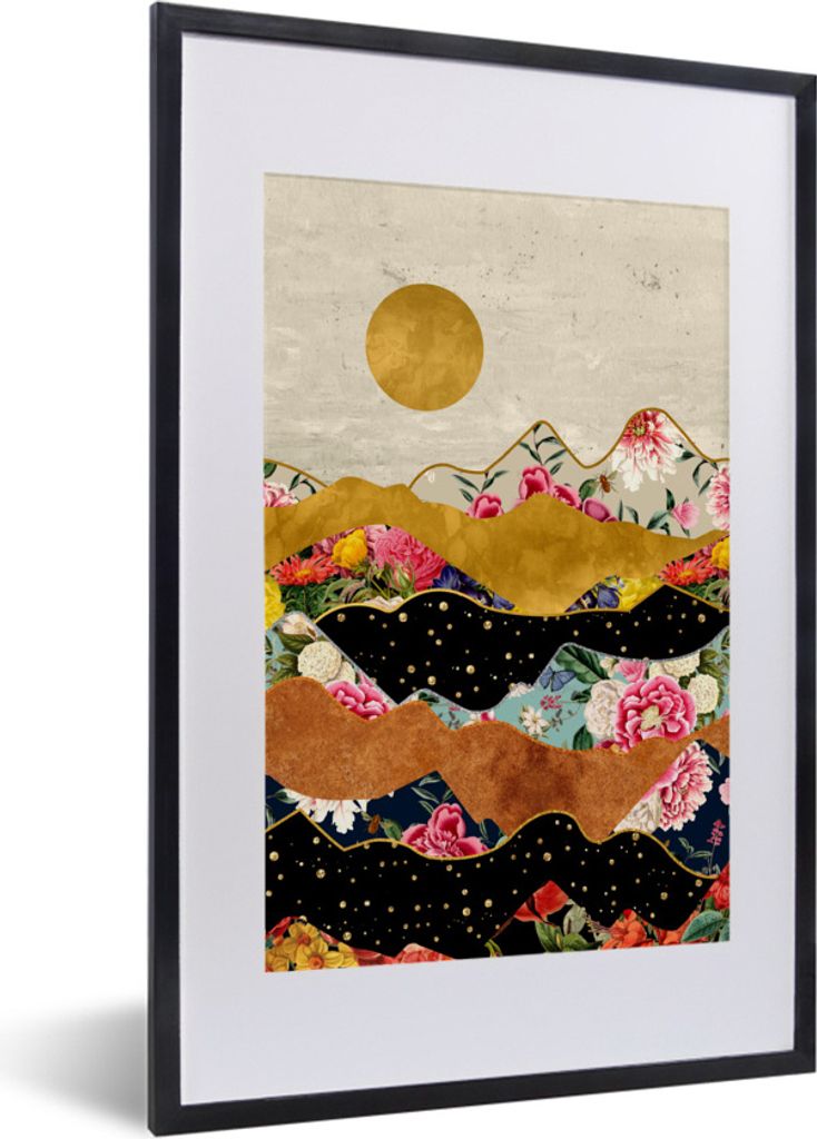 MuchoWow Gerahmtes Poster Gold - Blumen - Druck - Abstrakt - Landschaft - Muster 40x60 cm - Poster mit Schwarzem Bilderrahmen Wandposter Rahmen F...