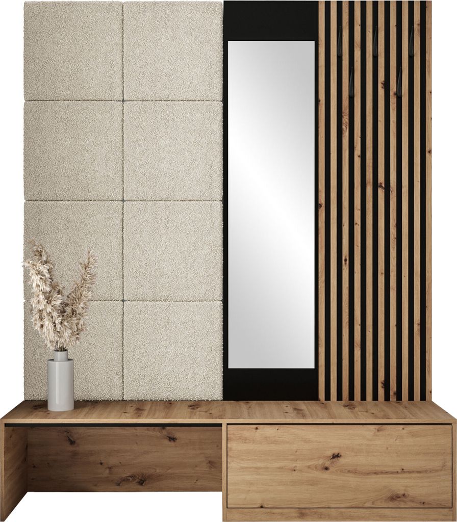 MIRJAN24 Garderoben-Set Premium, Garderobe mit 8x Wandpanel 42x42, Schuhschrank + Spiegel + Lamellen Paneel mit Kleiderhaken (Farbe: Artisan Eiche,...